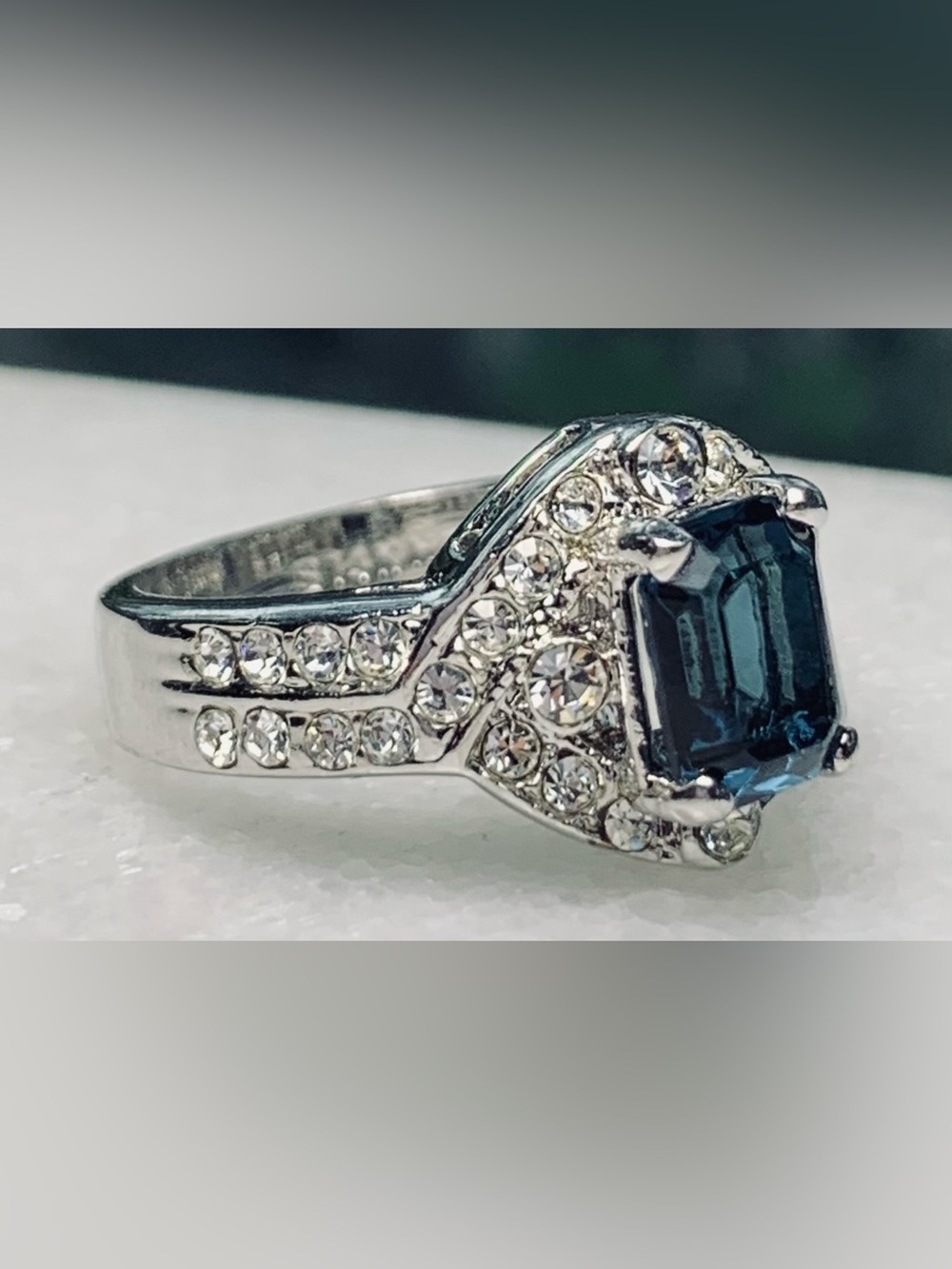 Silver Tone Blue Stone Ring Size 7 Emerald Cut Halo Statement
